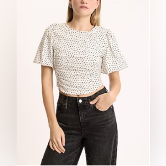 Express Polka Dot Crew Neck Puff Sleeve Ruched Cropped Tee - Picture 1 of 9